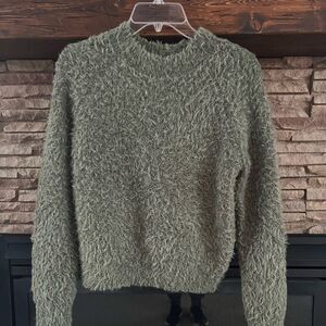Pink Rose Eyelash Crew Neck Olive Green Long Sleeve Soft Cozycore Sweater SZ XS